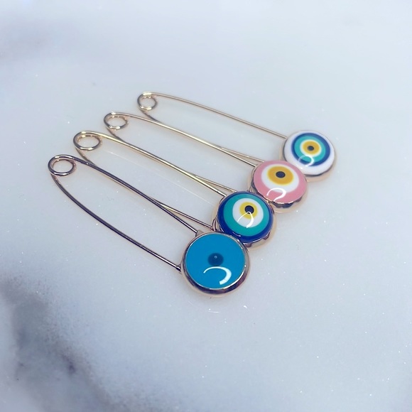 4 PIN SET Evil Eye Pin Gold 18K Plated 🧿 Pins Amulet Stroller Blue Pink El Ojo - Picture 2 of 12